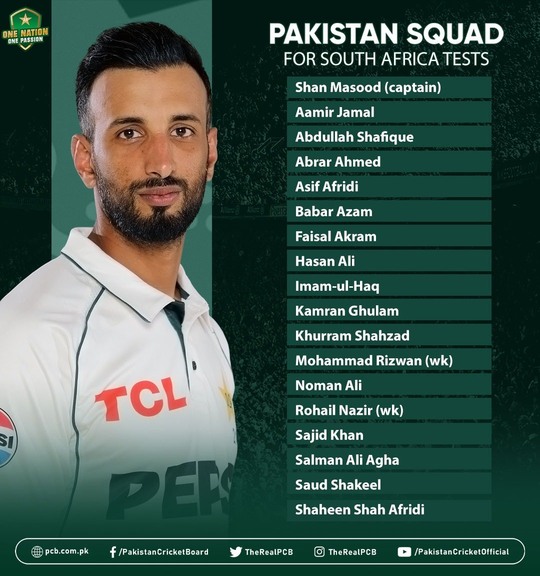 Shan Masood to lead Pakistan squad in Test series against South Africa