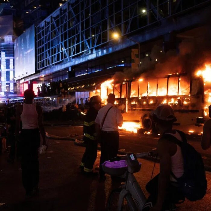 FIFA World Cup bus set alight as chaotic celebrations erupt in NYC’s Manhattan after Knicks win